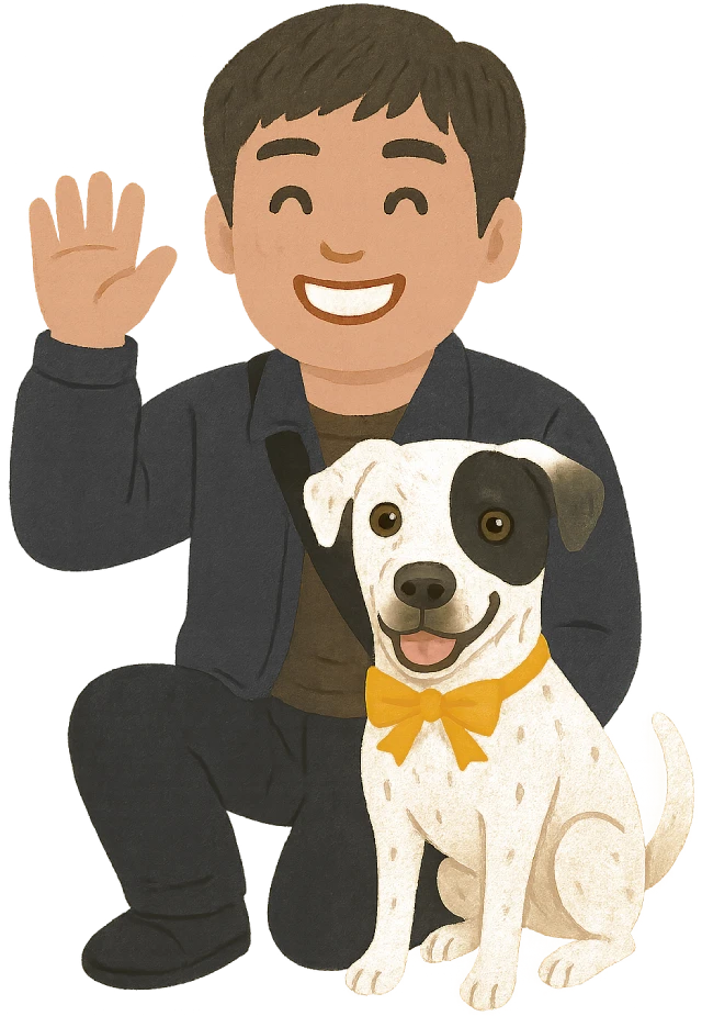 A man with a dog waving hello