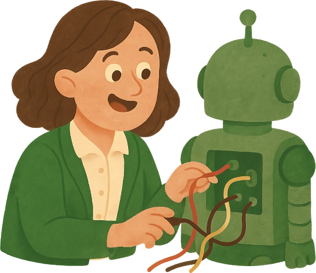 A teacher tinkering with a robot
